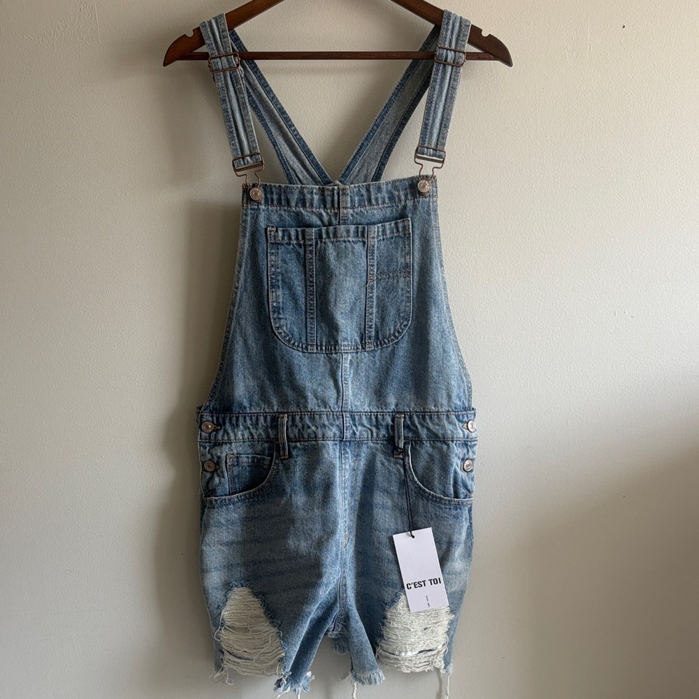 C’est‎ Toi Denim Overall Shorts Distressed Festival Boho Size L NWT